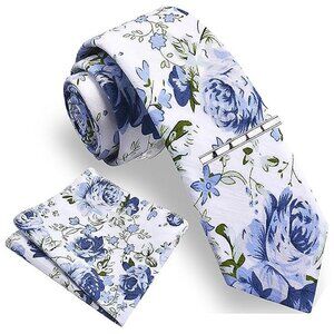 Floral Printed Necktie Tie Clip Pocket Square Sets Blue